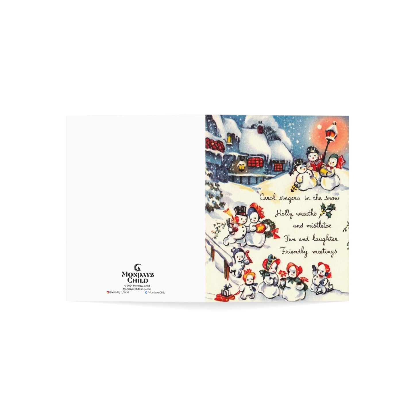 Vintage style Christmas Greeting Cards (1, 10, 30, and 50pcs), cute snowman scene, inside message, Christmas verse