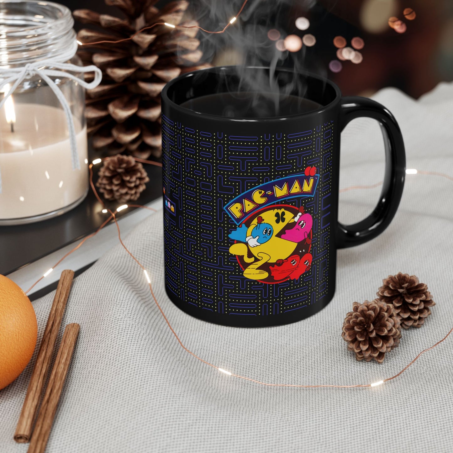 Pac-Man Themed Black Ceramic Mug
