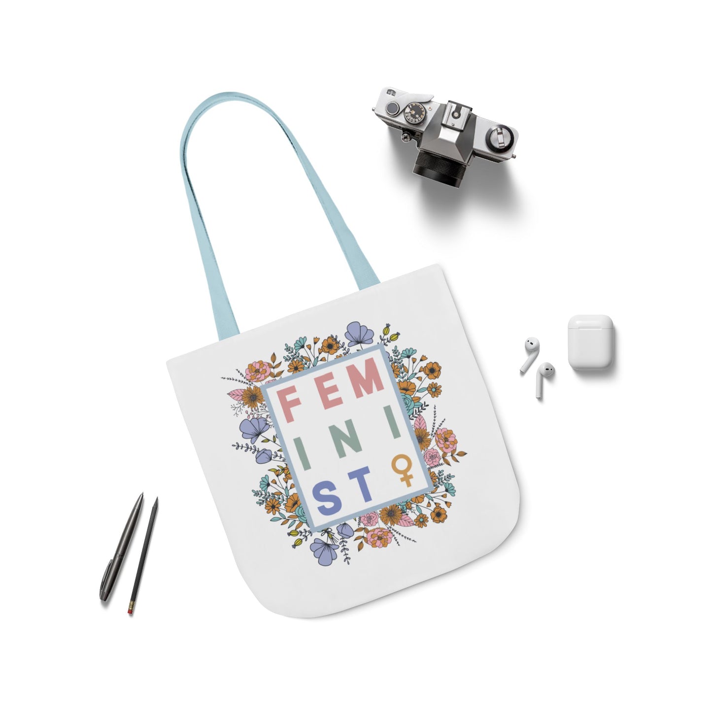 Canvas Tote, Colored Handles - Feminist Floral