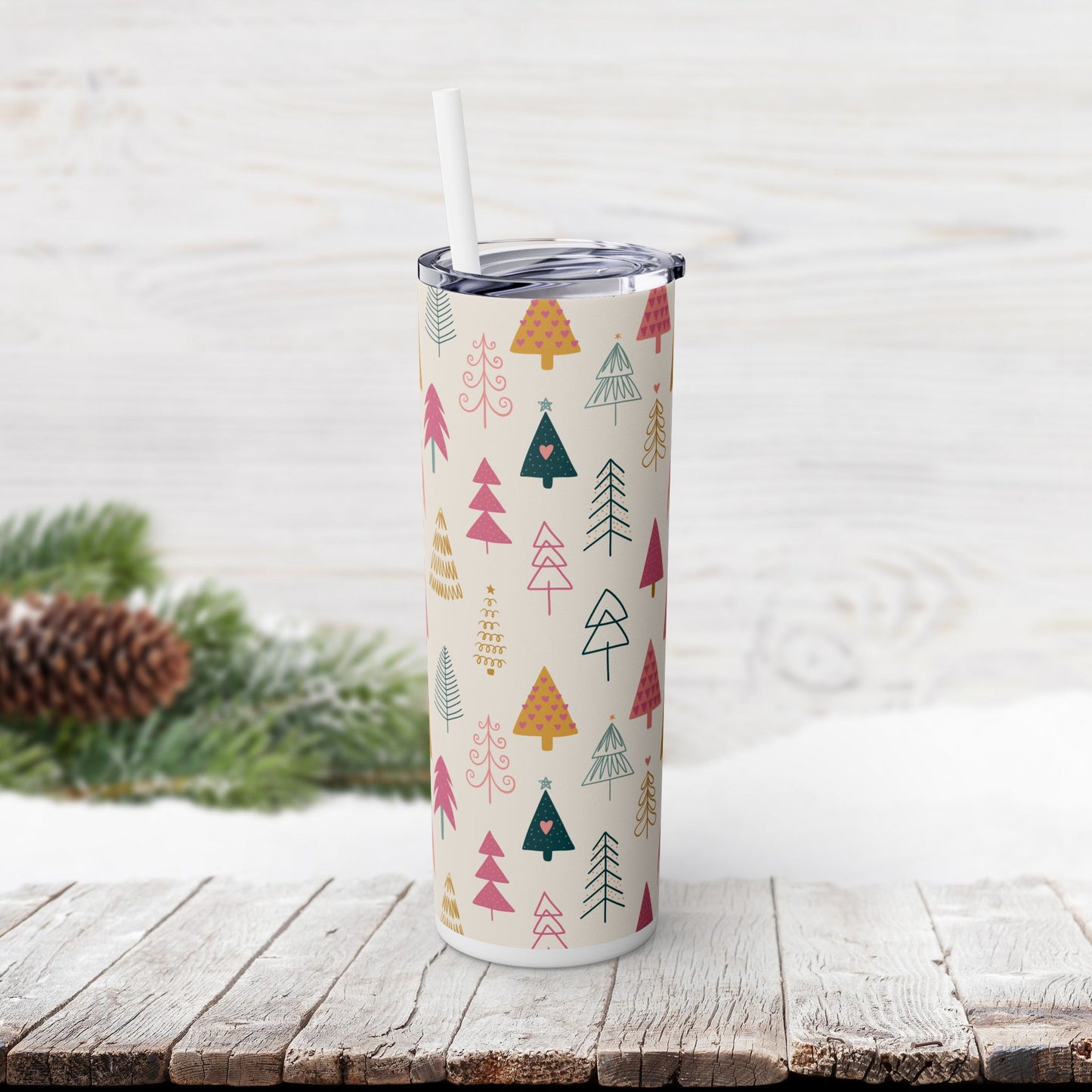 Skinny Tumbler with Straw, 20oz - Whimsy Christmas Tree