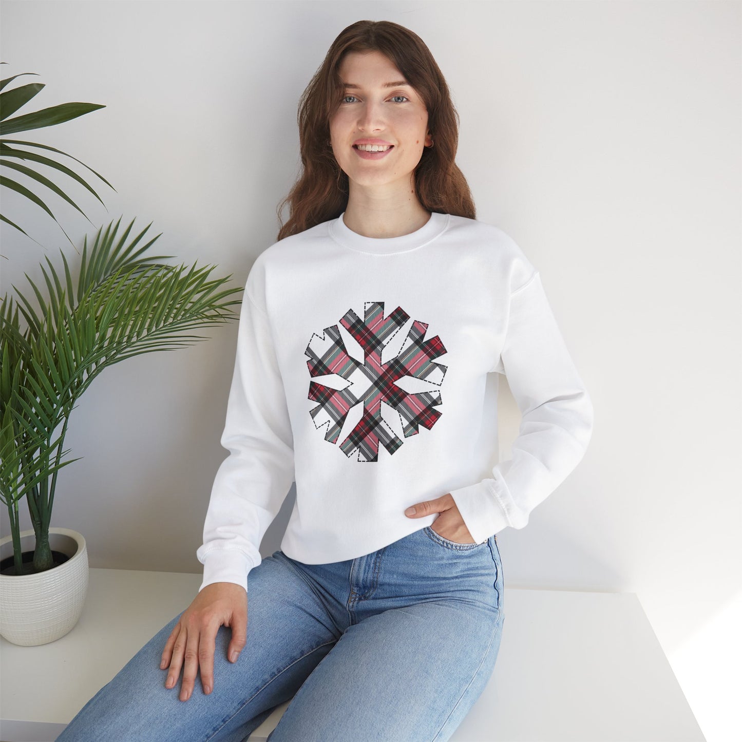 White Tartan Snowflake Holiday Sweatshirt | up to Plus Size 5X