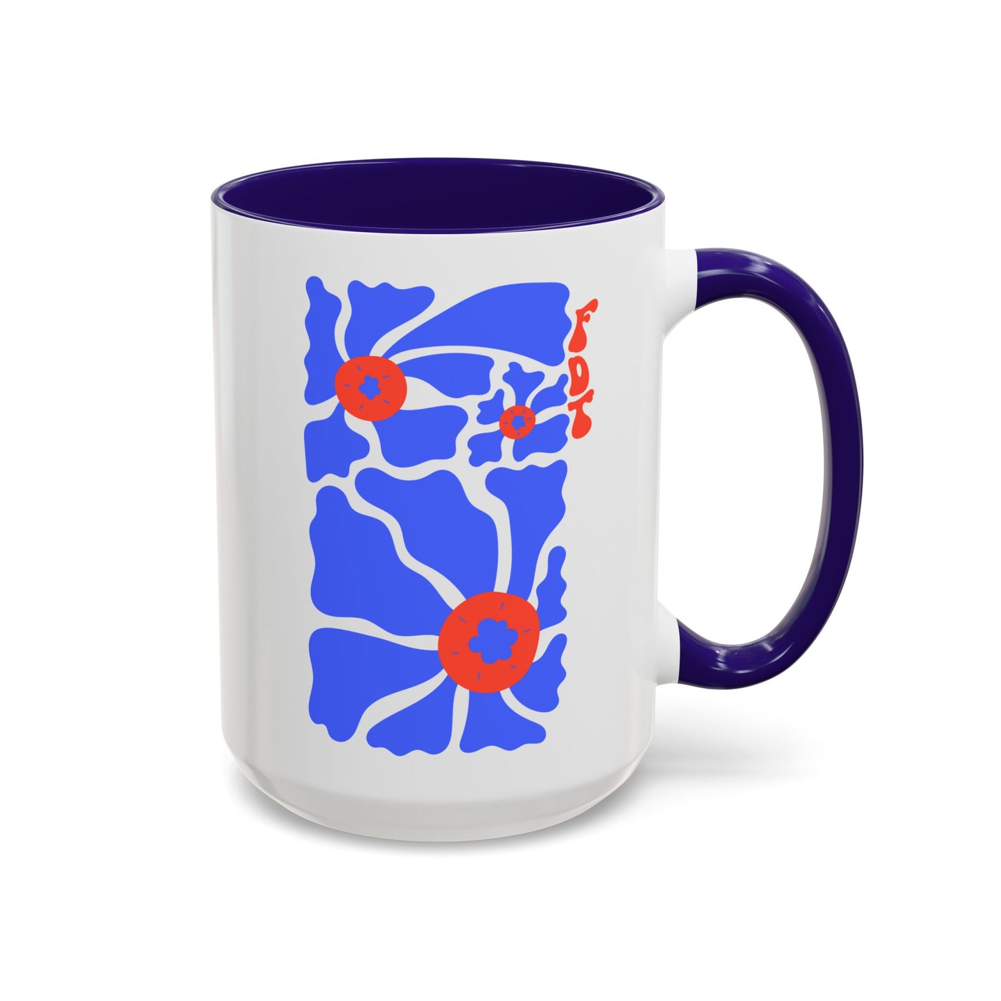 Ceramic Mug, Colored Handle - 'FDT' Red & Blue Floral