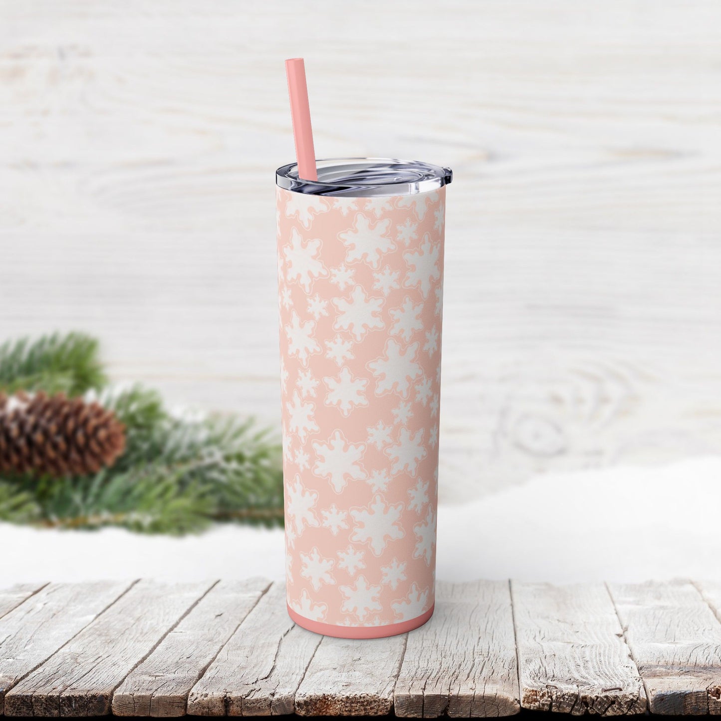 Skinny Tumbler with Straw, 20oz - Pastel Pink Snowflakes