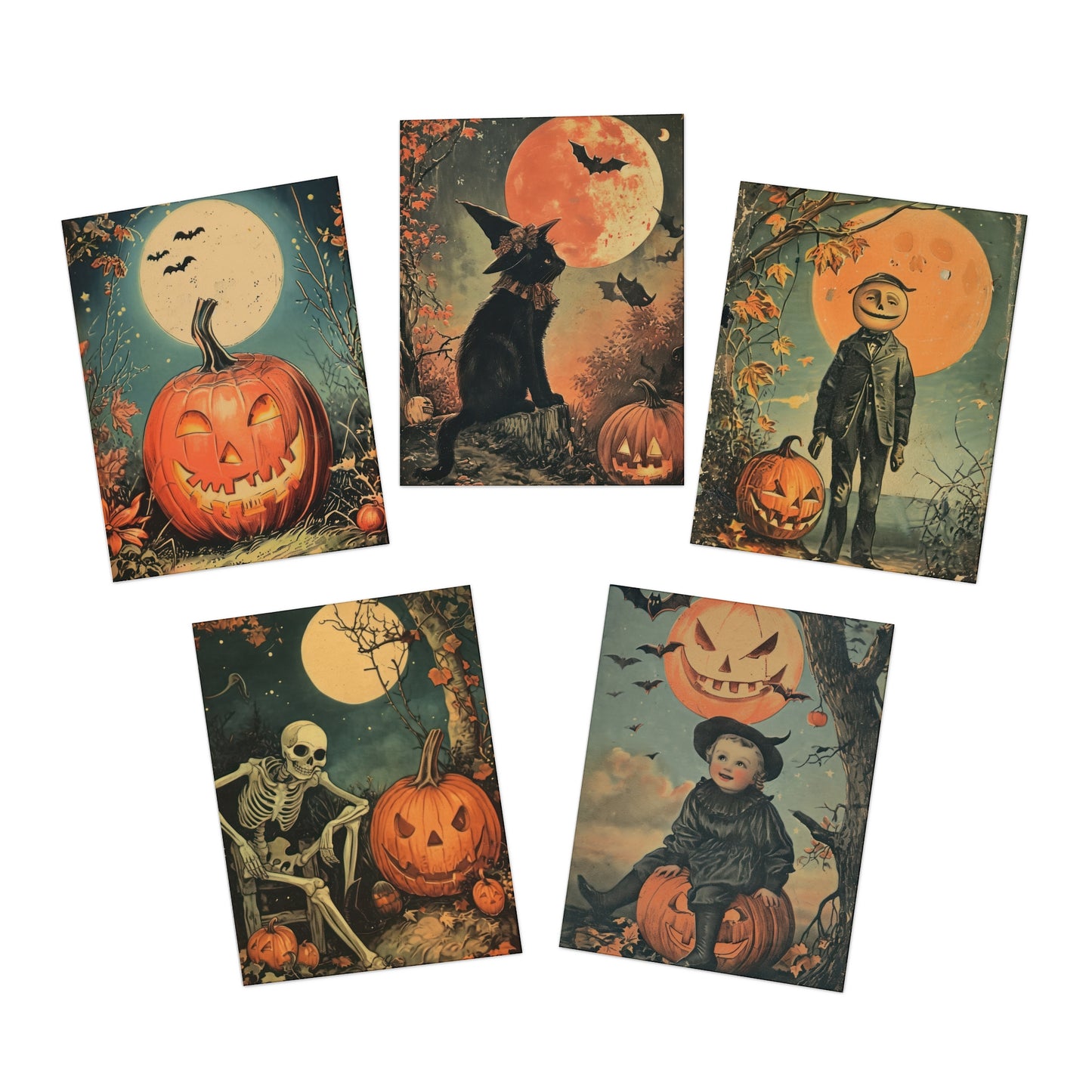 Vintage-style Halloween Greeting Cards (5-Pk) | Inside Message, Re-Usable Back