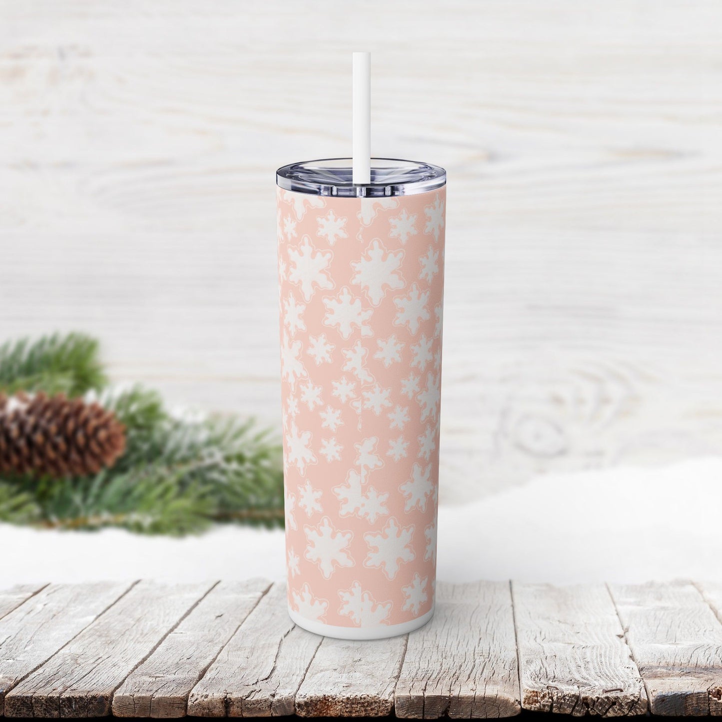 Skinny Tumbler with Straw, 20oz - Pastel Pink Snowflakes