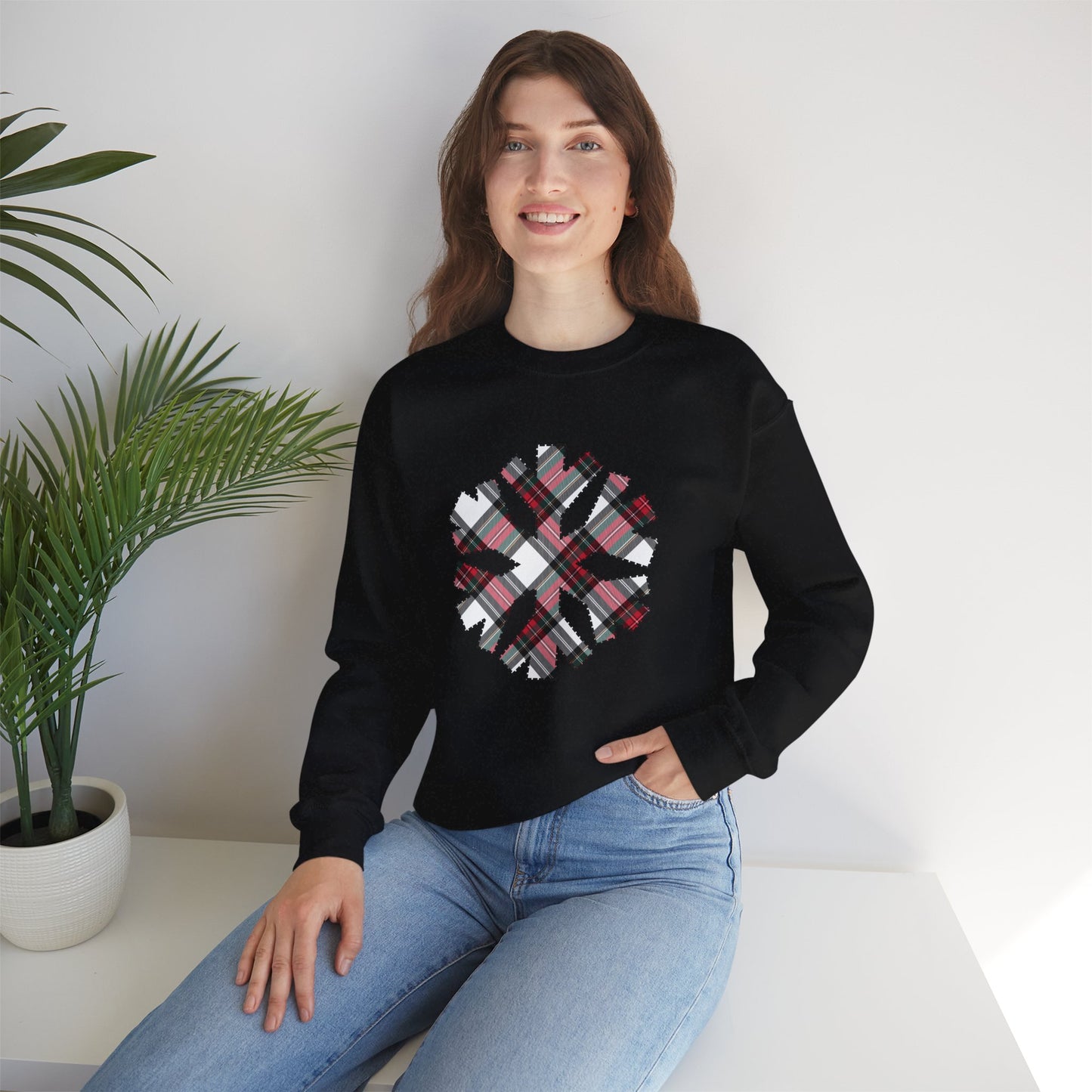 White Tartan Snowflake Holiday Sweatshirt | up to Plus Size 5X