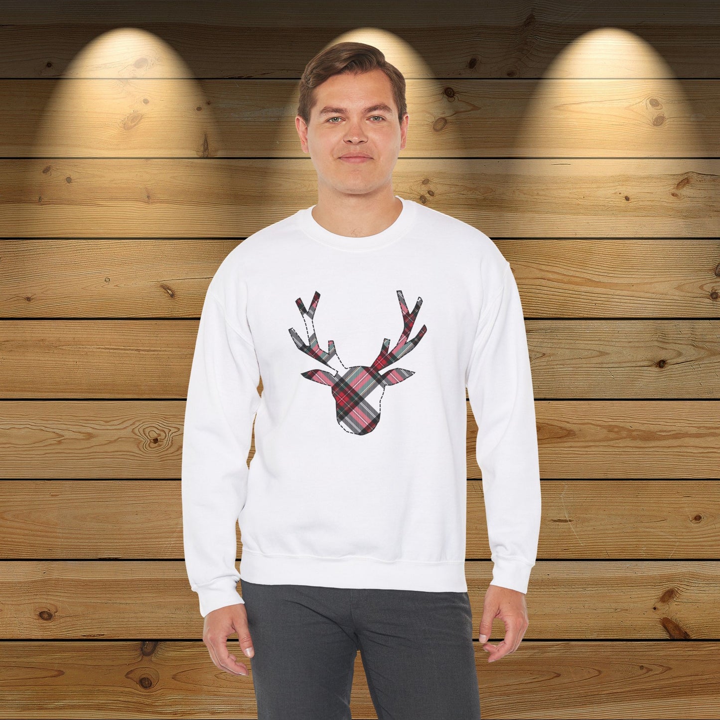 White Tartan Reindeer Holiday Sweatshirt | up to Plus Size 5X