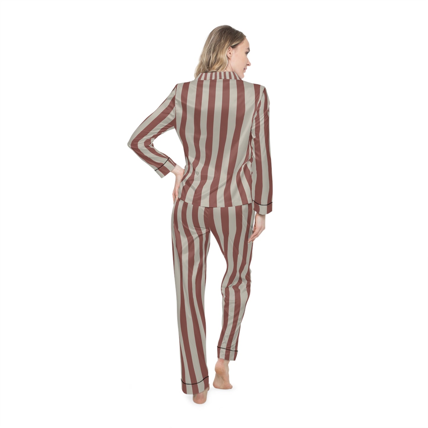 Luxury Satin Striped Pajamas - Caramel Latte | Black Trim, up to 3X