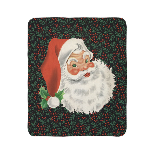 Vintage Santa Sherpa Blanket — Cozy Christmas Throw with Holly Pattern