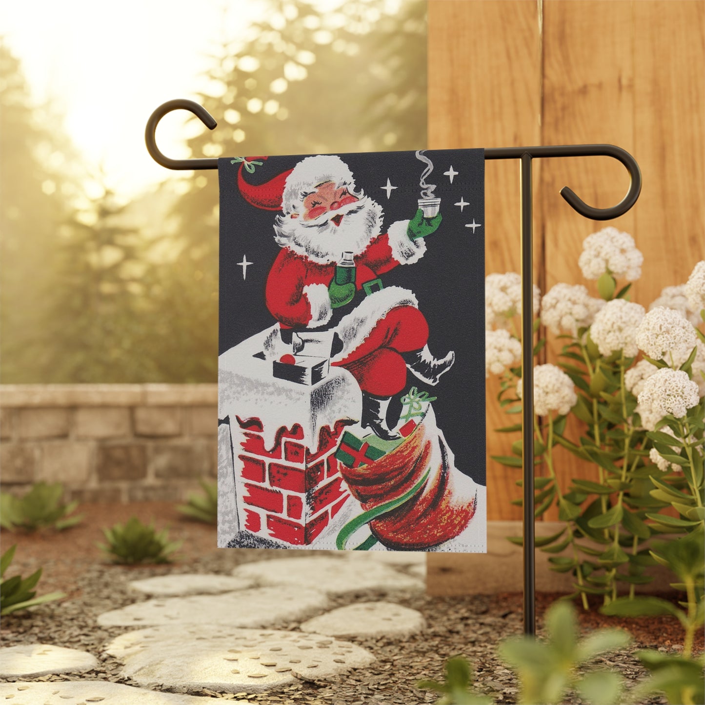 Retro Santa on Chimney Christmas Garden Flag or House Banner