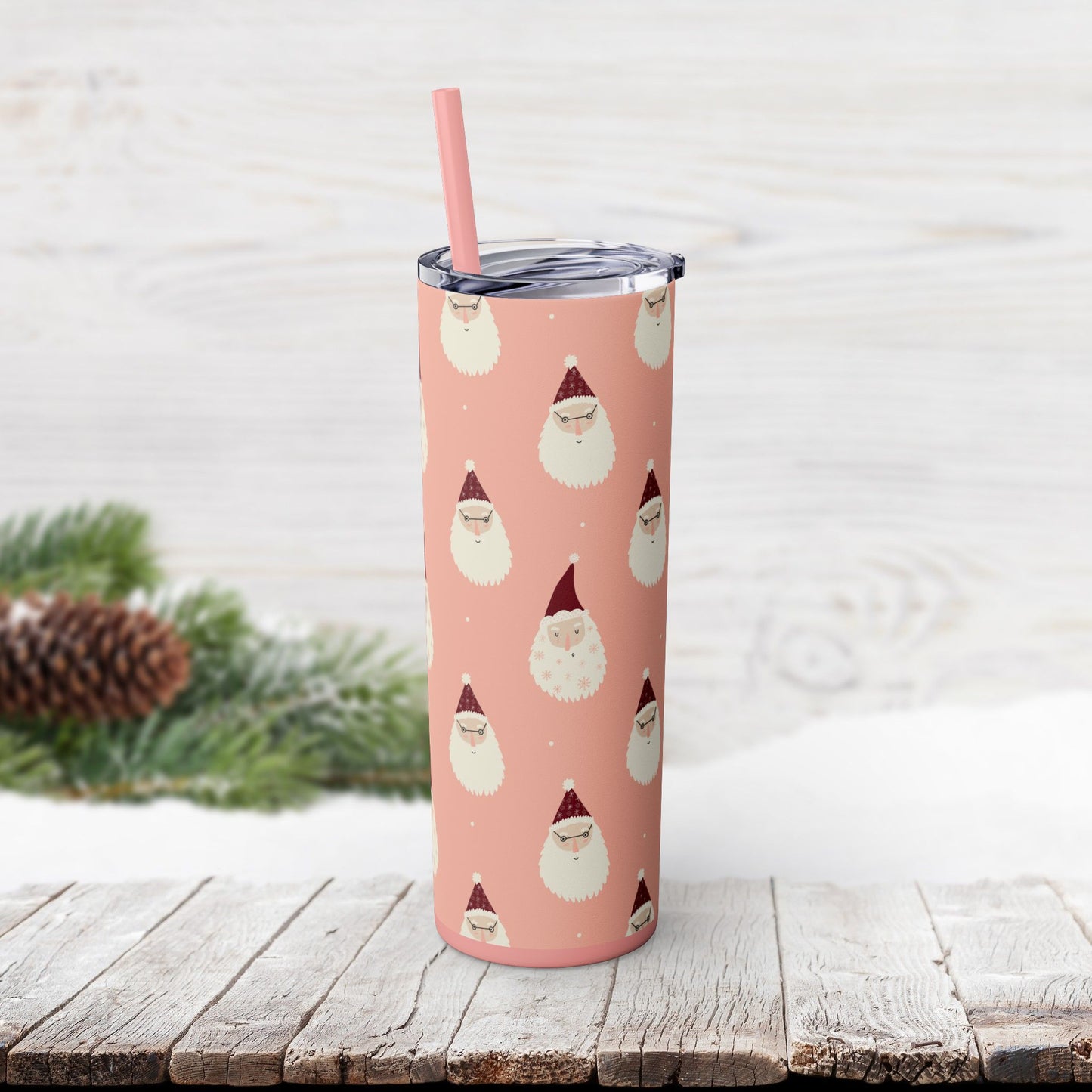 Skinny Tumbler with Straw, 20oz - Pink Santas