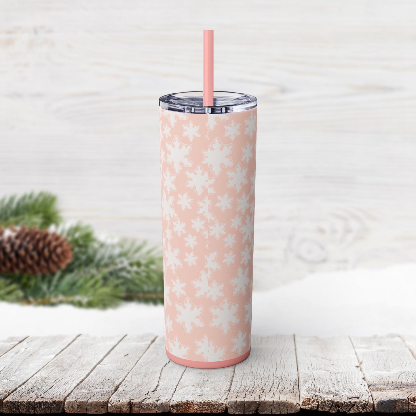 Skinny Tumbler with Straw, 20oz - Pastel Pink Snowflakes