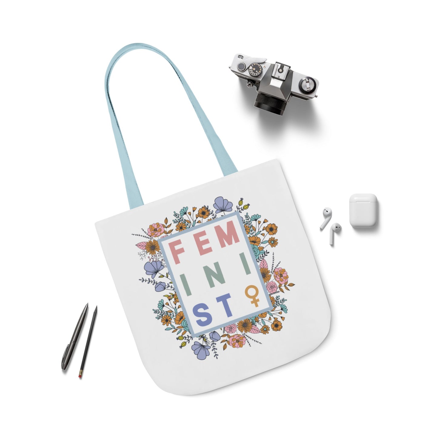 Canvas Tote, Colored Handles - Feminist Floral